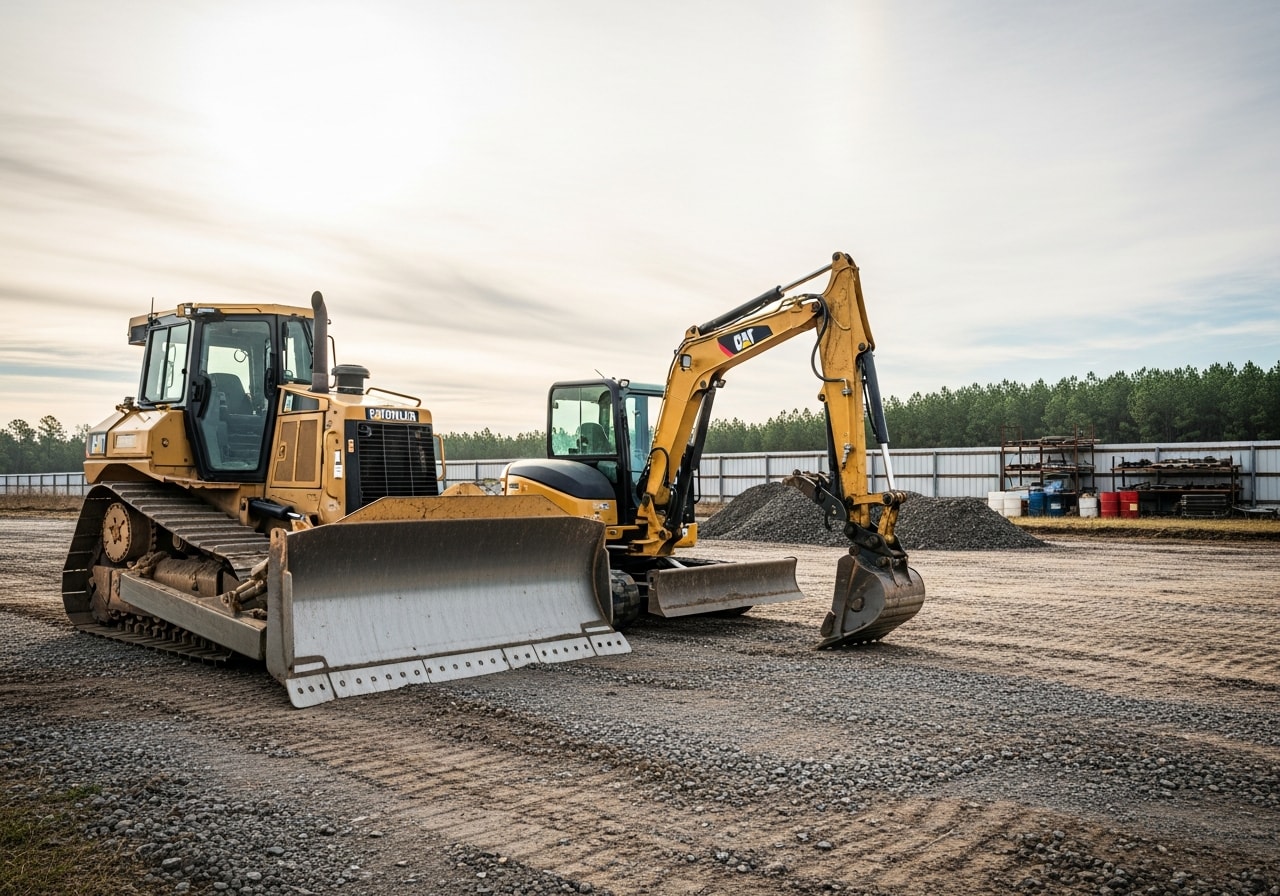 Heavy equipment and dozer machinery staged on a cleared job site, ready for site preparation work.