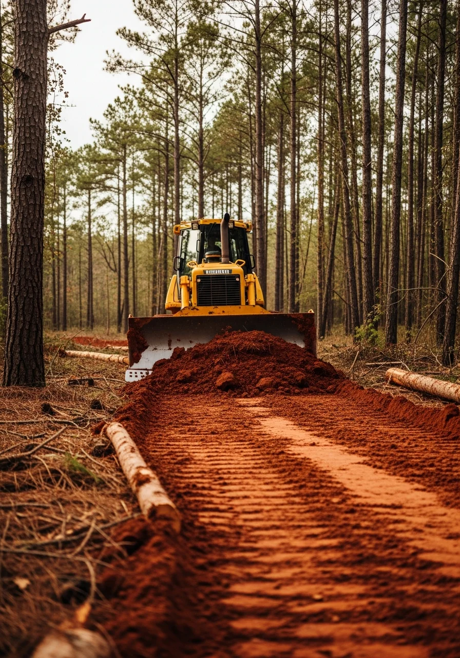 Excavation equipment clearing land in Escambia County Alabama with pine trees