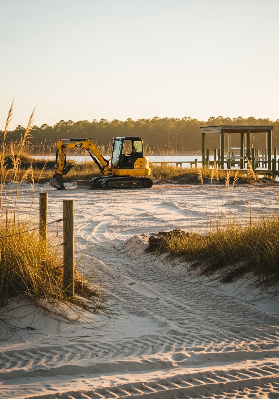 Professional crew performing maintenance or work on a Gulf Breeze coastal property, demonstrating expertise in waterfront conditions.