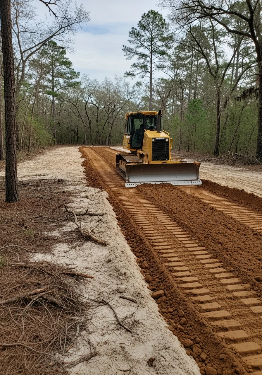 Dozer grading and leveling residential lot in northwest Santa Rosa County