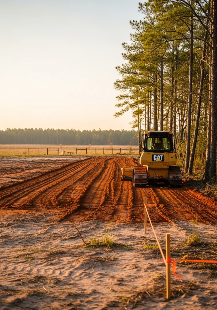 Dozer grading and leveling a residential building site in rural Escambia County