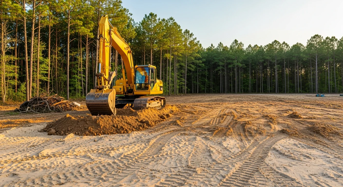 Excavation equipment clearing land in McDavid, Florida with pine forest backdrop