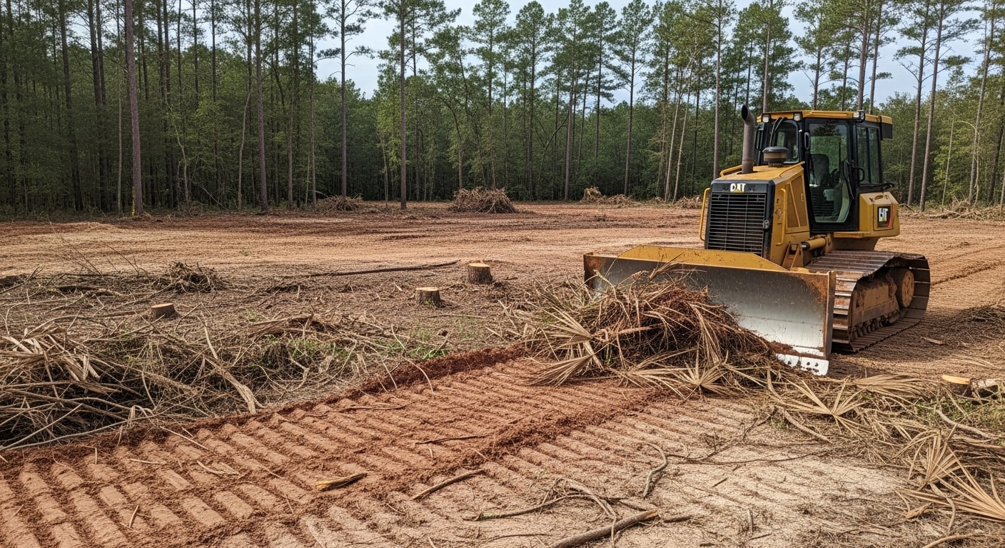 A dozer clearing dense brush and palmetto scrub from a flat lot in Escambia County, Florida, with piled vegetation visible along the cleared perimeter. The surrounding tree line and sandy soil reflect the northwest Florida panhandle landscape.