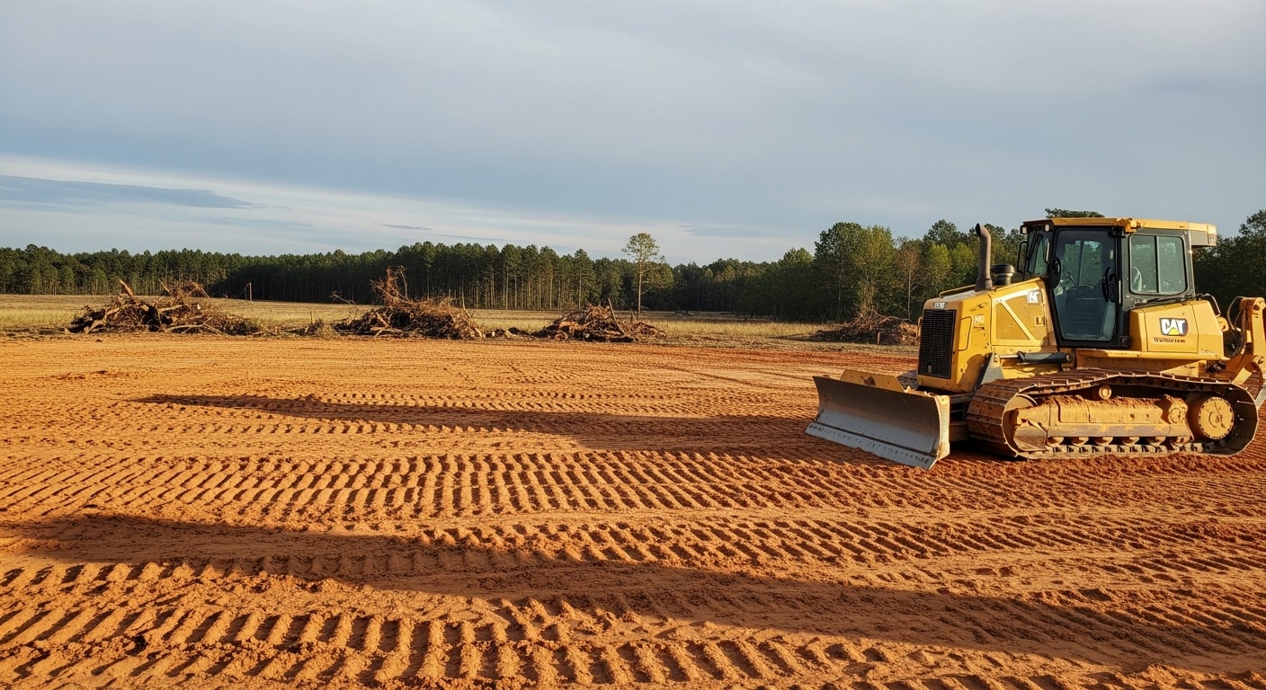 A dozer clearing and grading a raw residential lot in Escambia County, Florida, with loose sandy soil and tree stumps removed to expose a level building pad. The cleared site shows rough grading work completed in preparation for foundation construction.