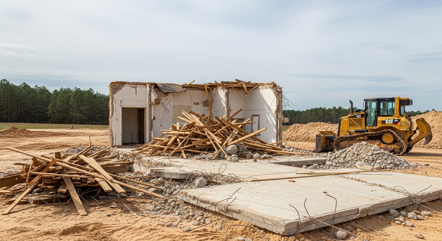 A dozer clearing the remains of a demolished single-family structure on a residential lot in Escambia County, Florida. The site shows a cleared foundation area with debris staged for removal against a backdrop of mature trees.