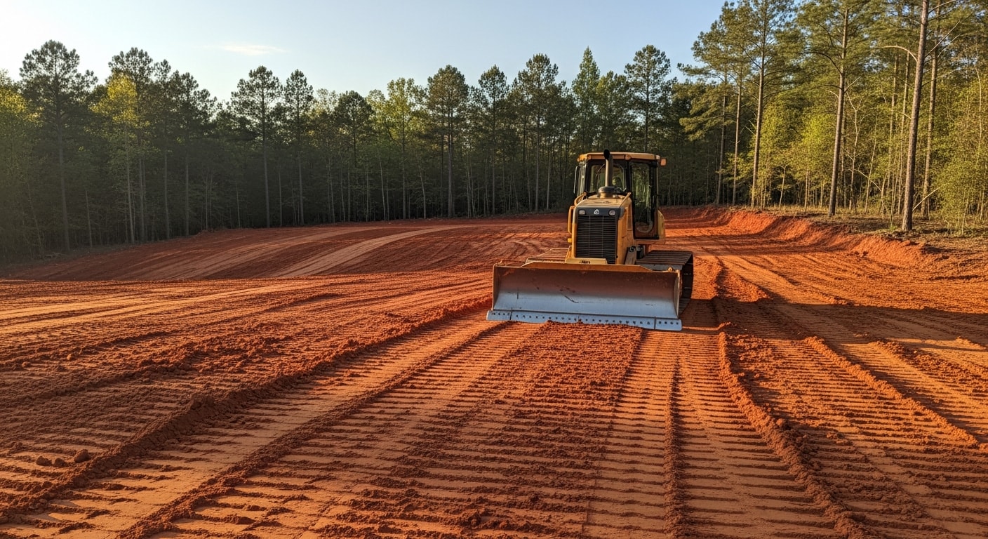 A dozer grading a flat residential lot in Escambia County, Florida, with fresh soil cut and shaped into a smooth, sloped surface. The surrounding landscape shows typical northwest Florida terrain with sandy soil and open sky.