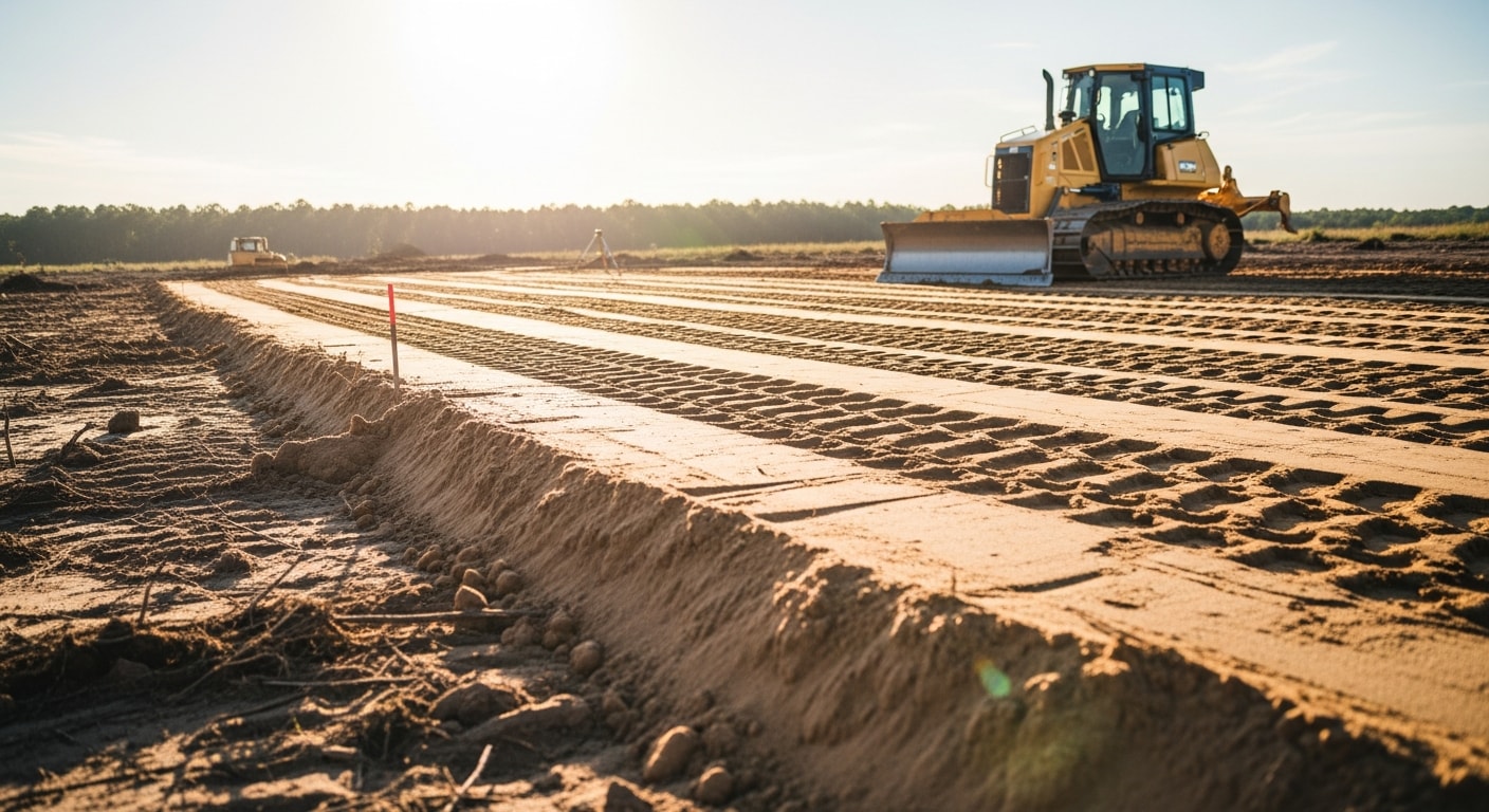 A dozer grading a cleared, level housepad on a sandy lot in Escambia County, Florida, with surrounding pine trees and a flat compacted soil surface ready for foundation work.