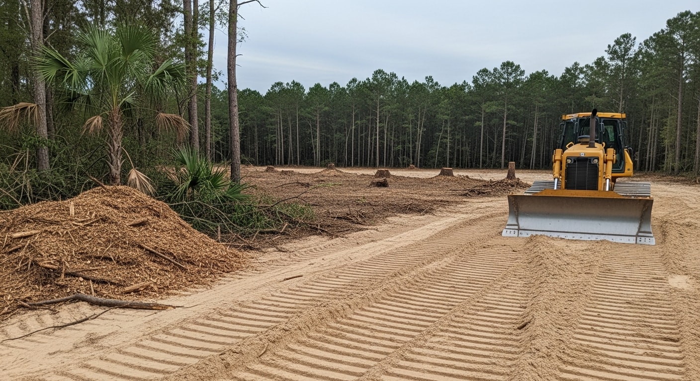 A dozer clearing dense pine trees and palmetto brush from a sandy residential lot in Escambia County, Florida. The cleared foreground shows bare, graded soil ready for construction with a tree line remaining at the property boundary.