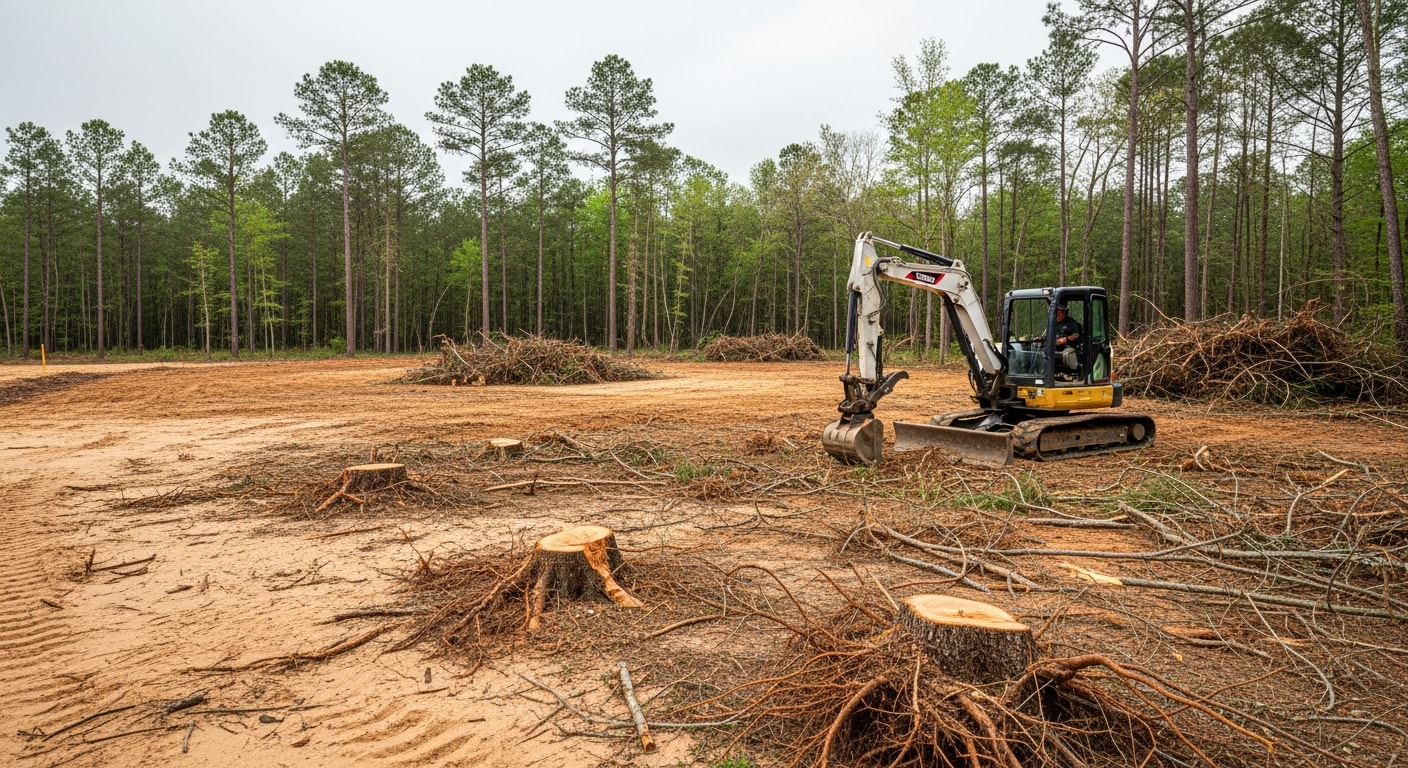 A cleared residential lot in Escambia County, Florida, with stumps and brush removed and bare soil graded flat. A dozer sits at the edge of the cleared area near a line of remaining pine trees.