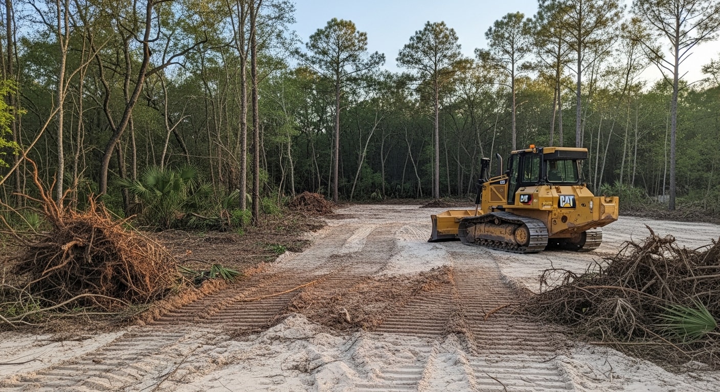 A dozer clearing dense brush and overgrown scrub vegetation from a flat, sandy lot in Escambia County, Florida. The cleared area shows exposed soil ready for grading, with thick vegetation piled at the lot edge.